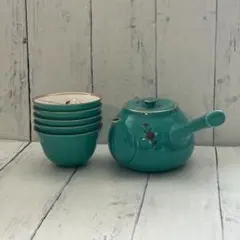 香蘭社 宮内庁御用達 茶器セット 急須 湯呑5客 金彩 菊 華やか エメラルド