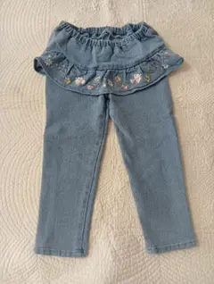 mamaraku 花柄刺繍 フリル付き デニム風 ロングパンツ 100cm