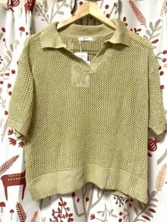 新品　メッシュ編み　半袖　襟付き　スキッパー　プルオーバー ベージュ　L