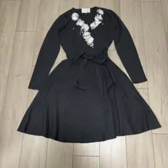 Chesty チェスティ　フラワー　パール　ニットワンピース　ダークグレー　0