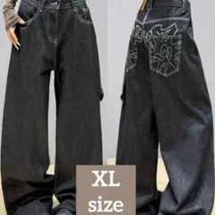 デニム ワイド XL 刺繍 ジーンズ 黒 ブラック バギー 刺繡ポケット LL
