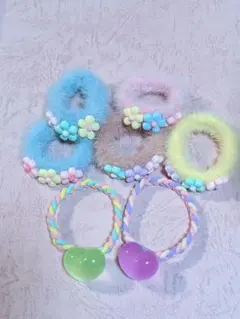 ハート型ヘアゴム 　ファーヘアゴム　花　7個　キッズ