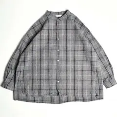 【美品】ヘブンリー/コットンリネンチェックバンドカラーシャツ/綿麻/フリーサイズのサムネイル