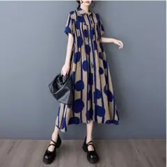 シャツワンピース 大きいサイズI 水玉柄 プリント ハイウエスト 通勤 半袖