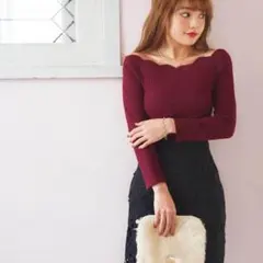 GRL スカラップリブニットトップス(ボルドー)