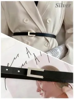 レディース 細ベルト スクエアバックル 韓国風 ウエストマーク シルバー