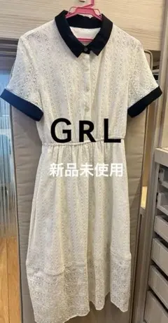 未使用ＧＲＬ　全身レース 半袖ドレス ホワイト ブラック襟　フォーマルににも上品