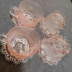 硝子アデリアピコット ピンク花モチーフ紅茶カップ＆ソーサー4客セット