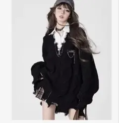 黒 ブラック Vネック ニット カーディガン 韓国