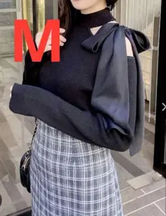 INGNI　リボン付肩開きリブニット　黒　ブラック　M