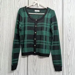 新品　チェック　ニットカーディガン　フラワー　ボタン　ブラック　グリーン　カーデ