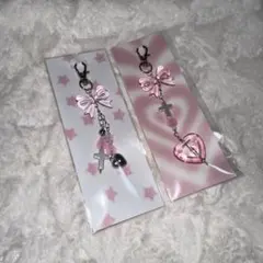 ビーズキーホルダー 韓国 y2k ピンク リボン ハート チャーム