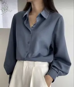 シャツ ブラウス 長袖 無地 M ブルー