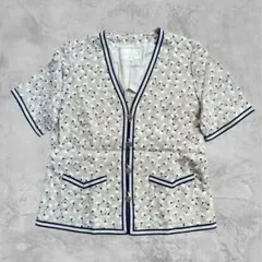 【LAPINE】花柄 ノーカラージャケット 半袖 パイピング ベージュ Lのサムネイル