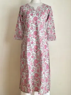 インドコットン　ブロックプリント　クルタ　ロングワンピース　1125E Mサイズ