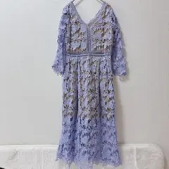 美品★薄紫 【フリー】フラワーレース Aライン パーティードレス　華やか