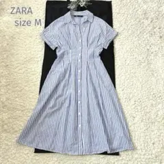 ZARA 半袖 ロング丈 ストライプ シャツワンピース フレア スキッパー M