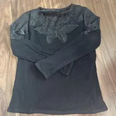 長袖シャツ 冬物　裏起毛 刺繍入　黒