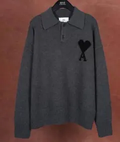 【新品】AMI PARIS グレー ポロニット 男女兼用 春秋 M