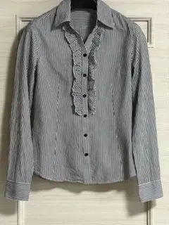 COMME CA ISM 紺×白 ストライプ フリルシャツ S