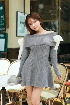 Ribbon Off-Shoulder Cable Knit Dress