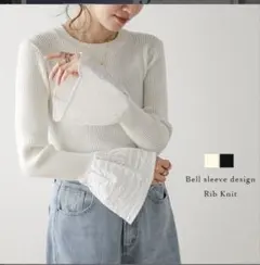 ラジエム値下げリブニット ベルスリーブ 異素材切替え ジャガード ラウンドネック