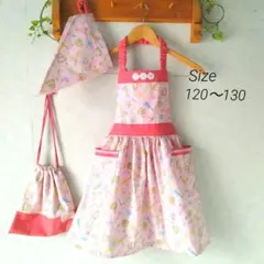 ハンドメイド　女の子エプロン　ピンク色 リボン　楽器と小花柄