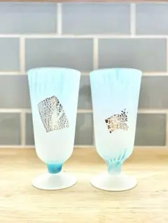 レトロ グラス すりガラス ブルー 金彩 冷酒 脚付 ガラス セット まとめ売り