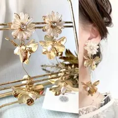 ブライダル　クリアガラスフラワー×ゴールドフラワー　ピアス　イヤリング