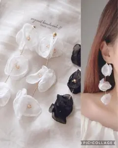 再販♡3連ホワイトオーガンジーフラワーロングピアスイヤリング