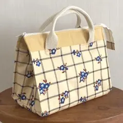保冷ランチバッグ　レトロ　チェック　フラワー　お弁当袋　ハンドメイド827