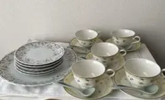 NARUMI 大皿１枚・デザート5枚 & カップ&ソーサー5客＋陶器スプーン5本