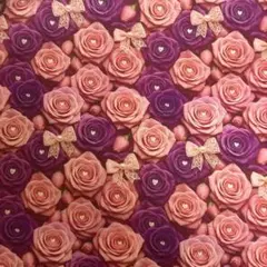 1m 春夏　大人可愛いピンク紫色薔薇花柄レースりぼんパールコットンプリント生地綿