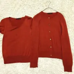 【極美品✨】アナイ シルク混 アンサンブル 金ボタン 赤オレンジ 38