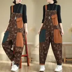 オシャレ デニム サロペット オーバーオール 切り替 体型カバー プリント