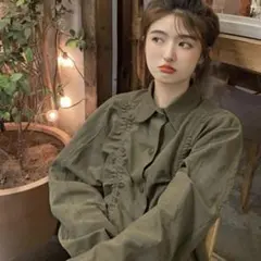 SHEIN ドローストリング シャツ カーキ アーミーグリーン