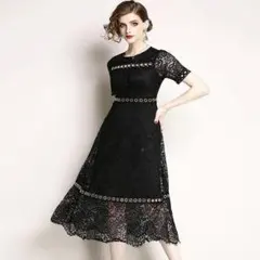 ゴールドアクセント　総レースブラック半袖ワンピース　ドレス　きれいめ　黒　L