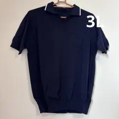 大きいサイズ ネイビー ポロニット 半袖 胸ポケット付き 麻混のサムネイル