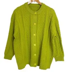 レディースケーブル編み長袖カーディガン ライムグリーン ゆったり オーバーサイズ