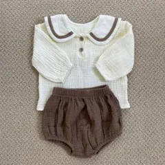 セーラー襟 ベビー服 70 上下セット 綿 シンプル 長袖 ブルマ セットアップ