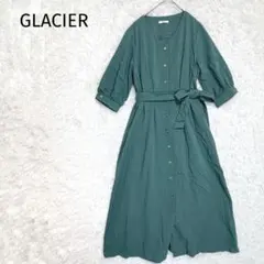 【グラシア】レトロ風ロングワンピース Vネック フロントボタン リボンベルト 緑