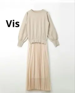 VIS ビス プリーツスカートドッキングワンピース　異素材