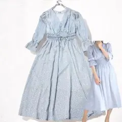長袖 ドット ロングワンピース フリル Vネック シャーリング フェミニン