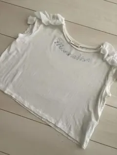 美品　モナリザ monnalisa フリル付きTシャツ　白　ラインストーン　ロゴのサムネイル