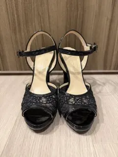銀座かねまつ 黒 レース サンダル