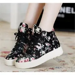 在庫残りわずか！ 花柄 厚底スニーカー ブラック
