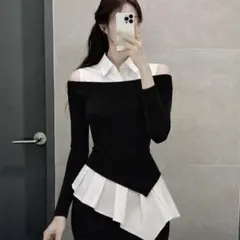 新品未使用 レイヤード風 オフショルダー リブニットトップス ブラック M