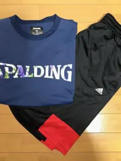 SPALDING ネイビーシャツ XL + adidas 黒パンツ　2点セット