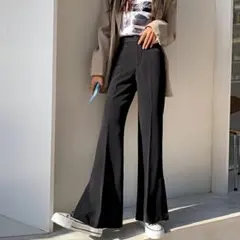 スリット入りハイウエストバギーパンツ フレアパンツ ブラック 黒