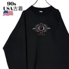 90sヴィンテージUSA古着 短丈スウェット 黒 XL 刺繍ロゴ トレーナー